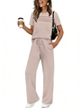 Detail of short sleeve lounge set featuring pleated top and drawstring wide leg trousers - Apricot