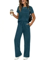 Detail view of women's dark blue leisure set featuring pleated top and drawstring wide-leg pants - Malachite green