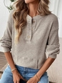 Women's oatmeal ribbed knit henley top with wooden buttons and long sleeves - Khaki