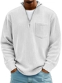 Detail of white ribbed knit fabric on men's pullover with metal half-zip and chest pocket - White