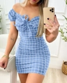 Sky blue plaid off-shoulder bodycon mini dress with bow tie and puff sleeves - S / Blue