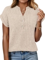 Detail of ribbed knit texture and three-button neckline on a beige summer T-shirt - S / Apricot