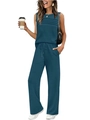 Detail of teal pleated sleeveless top and drawstring wide-leg pants women's leisure set - Malachite green