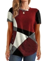 Camiseta de mujer de manga corta con estampado geométrico rojo y negro y botones laterales - S / Rojo