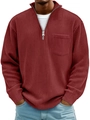 Detail shot of men's burgundy corduroy texture and quarter-zip collar with chest pocket - Burgundy