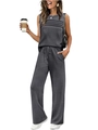 Detail of grey sleeveless two-piece set featuring pleated top and drawstring wide-leg pants - S / Top And Bottom / Dark Gray