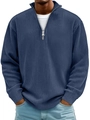 Détail de la maille côtelée bleu marine et fermeture éclair sur le pull col montant homme - S / Hauts / Bleu marine