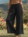 Detailansicht der schwarzen Baumwoll-Leinen-Hose mit weitem Bein und elastischem Bund - S / Unterteile / Schwarz