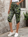 Women's camo capri pants with elastic waist in dark grey and fluorescent green print - S / Green