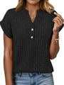 Dames zwart gebreid shirt met V-hals, witte knopen en geribbelde textuur korte mouw - S / Zwart