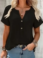 Zwart dames T-shirt met korte mouwen, V-hals en halve knoopsluiting van katoen en linnen - S / Zwart