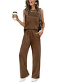 Women's 2-piece dark brown casual set with sleeveless pleated top and drawstring wide-leg pants - S / Top And Bottom / Coffee