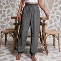 Détail du pantalon décontracté gris pour femme avec taille haute élastique et cordon de serrage - Gris