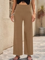 Women's high waist tan wide leg pants in breathable ribbed knit fabric - Khaki