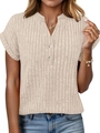 Beige geribde T-shirt met V-hals, witte knopen en korte vleermuismouwen voor dames - S / Abrikoos