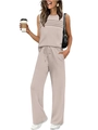 Women's two-piece casual loungewear set with pleated sleeveless top and wide leg pants in beige - S / Top And Bottom / Apricot