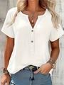 Witte blouse met korte mouwen van katoen en linnen met V-hals en geweven textuur - S / Wit