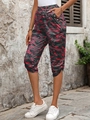Women's pink camouflage capri pants with elastic waist and side decorative metal buckles - S / Burgundy