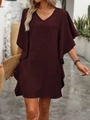 Dunkelburgunderrotes V-Ausschnitt Kleid mit Rüschenärmeln aus atmungsaktivem Leinenstoff - S / Dunkelrot