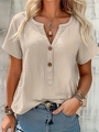 Beige damesblouse met korte mouwen van katoen en linnen met V-hals en knoopjes - S / Khaki