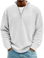 Men's white quarter-zip ribbed polo sweater with long sleeves and metal zipper detail - S / Tops / White
