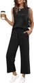 Women's black casual two-piece set with sleeveless pleated top and drawstring wide leg pants - Black