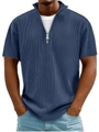 Detailed view of dark blue ribbed polo shirt fabric and modern half-zip collar design - Navy Blue