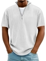 Detail of white ribbed knit polo shirt featuring a silver metal quarter-zip and stand collar - White