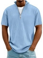 Detail of light blue ribbed fabric and silver zipper neckline on men's short sleeve polo shirt - S / Tops / Sky Blue