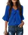 Detail of royal blue V-neck top with pleated ruffles and textured chiffon fabric - S / Tops / Blue