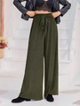 Eleganti pantaloni a gamba larga pieghettati verde scuro con vita alta per donna - S / Verde Militare