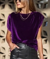 T-shirt femme en velours violet foncé avec col rond et manches raglan de style décontracté - Violet