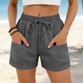 Casual dark grey high-waist drawstring shorts with elastic waist and large side pockets - S / Gray