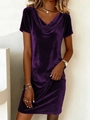Elegant deep purple velvet cowl neck dress with short sleeves in a slim fit design - Purple
