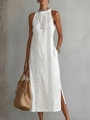 Detail of white sleeveless maxi dress featuring wavy embroidery and high side slits - S / White