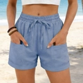 Women's light blue casual drawstring shorts with high waist and functional pockets - S / Blue