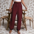 Damen Freizeithose in Weinrot mit hoher Taille, Kordelzug und elastischen Beinabschlüssen - S / Burgunderrot