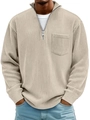 Pullover beige da uomo con mezza zip in velluto a coste e tasca sul petto - S / Tops / Albicocca