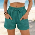 Women casual drawstring cotton linen shorts in lake green with elastic waist and pockets - S / Malachite green
