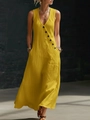 Détail d'une robe longue en coton lin jaune avec col en V, boutons décoratifs et poches - S / Jaune