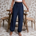 Dunkelblaue High-Waist-Jogginghose für Damen mit elastischem Rüschenbund und Kordelzug - S / Marineblau