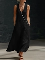 Détail d'une robe longue noire en coton et lin avec boutons blancs décoratifs en biais - S / Noir