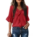 Camicetta rossa da donna con scollo a V, maniche con volant e tessuto strutturato ampio - S / Rosso