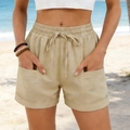Women's light khaki cotton linen casual drawstring shorts with elastic waist and pockets - Khaki