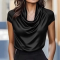 Elegante top de satén negro de manga corta con cuello desbocado drapeado - S / Negro