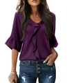 Deep purple V-neck top with ruffled edges and flared sleeves shown on model with jeans - Purple