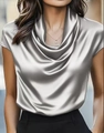 Elegante top de satén plateado con cuello drapeado y diseño sin mangas para mujer - S / Plateado