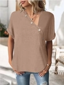 Detail of khaki short-sleeve top featuring asymmetric V-neck with diagonal button accents - S / Khaki