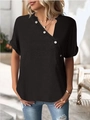 Detail of V-neckline with decorative buttons on casual black short sleeve T-shirt - S / Black
