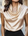 Elegant champagne gold satin blouse with cowl neck and silky finish for women - Champagne